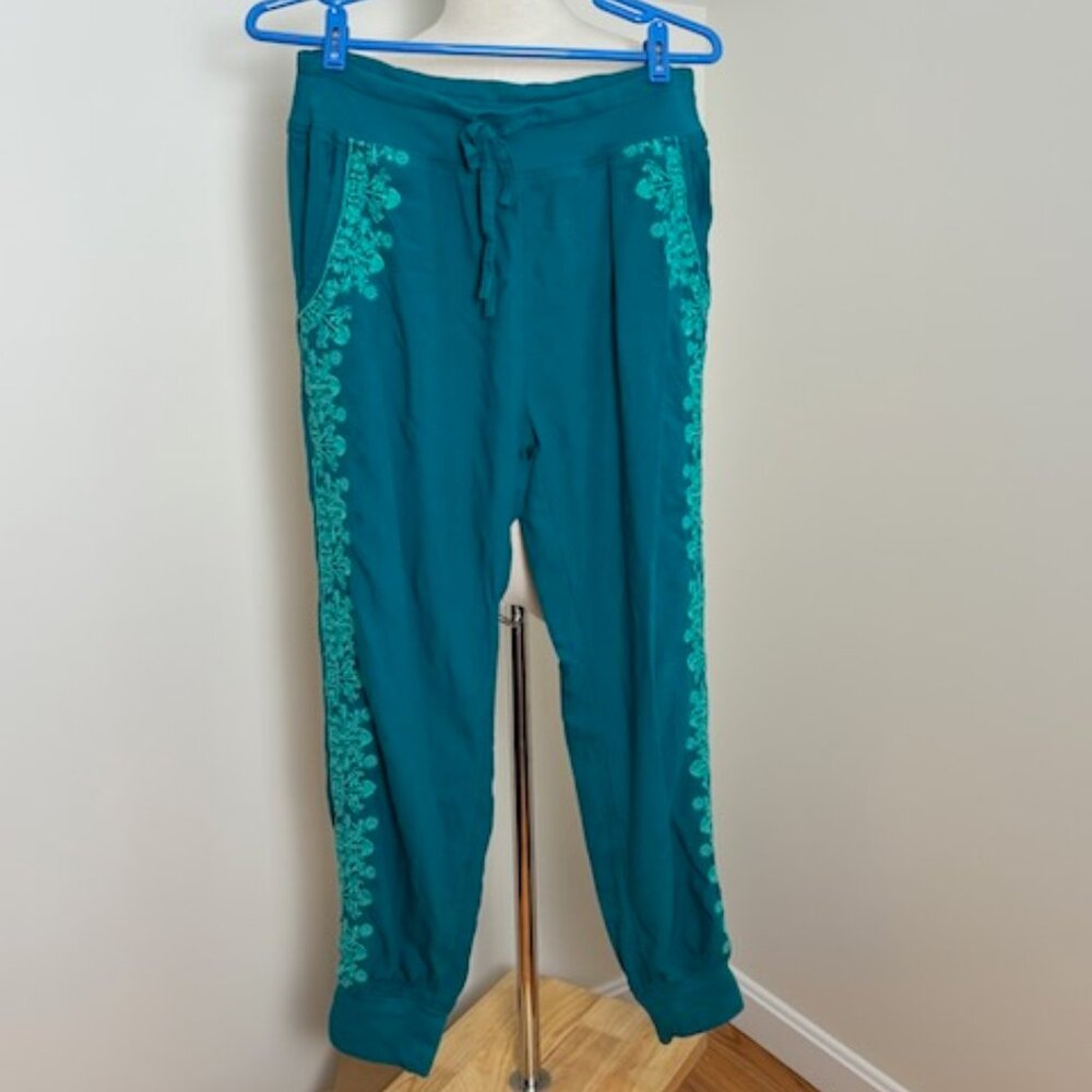 Sundance teal blue embroidered viscose summer pants, size S